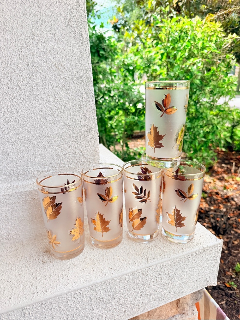 Vintage Frosted & Gold Oak Leaf 6” Libby Drinking Glass MCM HI Ball Set of 6